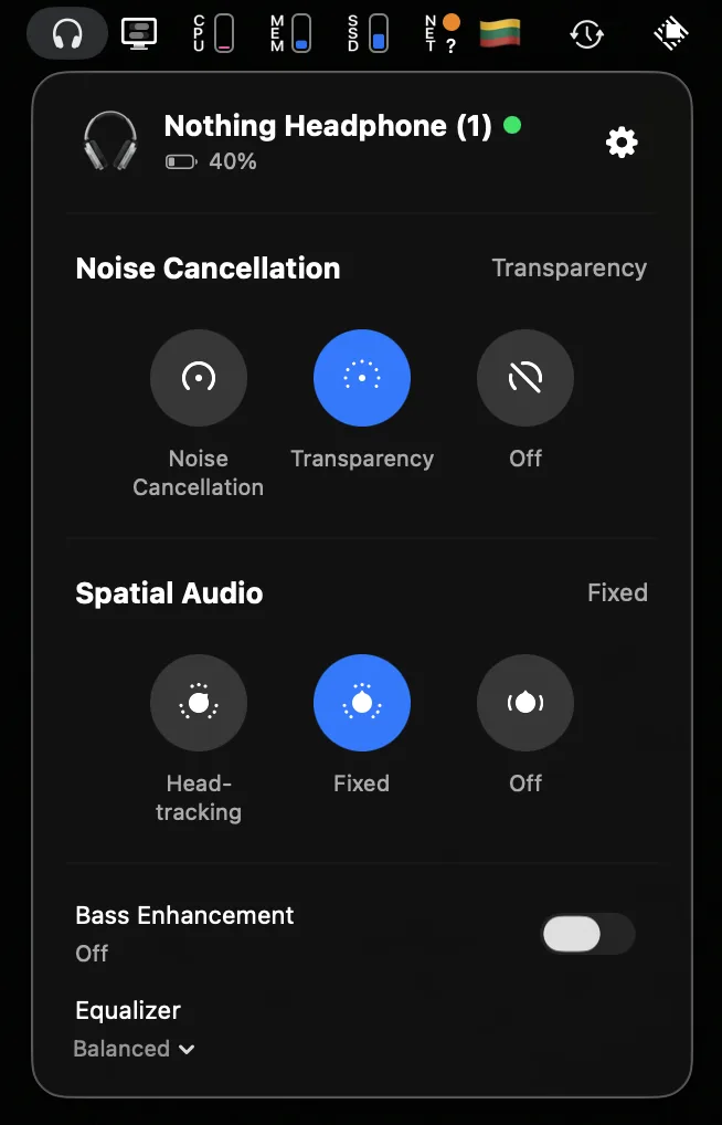 NothingBar menu bar app controlling Nothing headphones